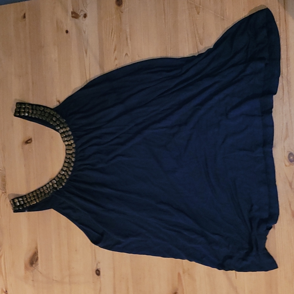 Embellished Flowy Plus 3X Navy Tank Top